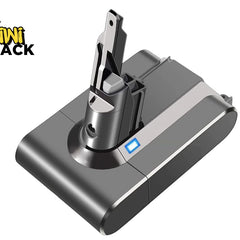 Dark grey replacement vacuum cleaner battery pack with vertical plug-in latch tower, a small glowing blue indicator light, and Kiwi Shack logo in top left.
