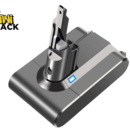 Dark grey replacement vacuum cleaner battery pack with vertical plug-in latch tower, a small glowing blue indicator light, and Kiwi Shack logo in top left.
