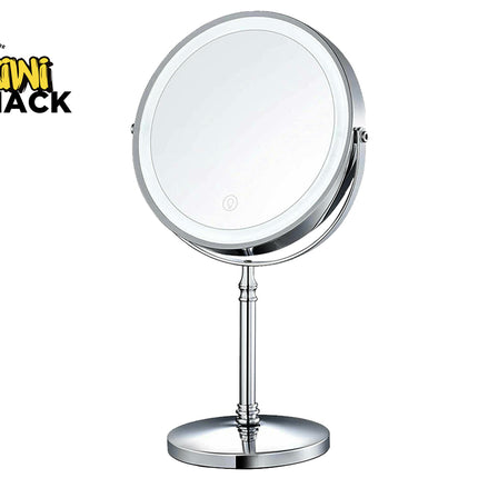 Chrome makeup mirror with round light on a white background, branded 'Kiwi Shack'.