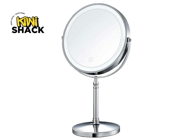 Chrome makeup mirror with round light on a white background, branded 'Kiwi Shack'.