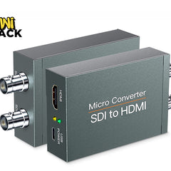 Two dark gray mini HDMI to SDI micro converters shown on a white background, with a Kiwi Shack logo in the top-left corner.