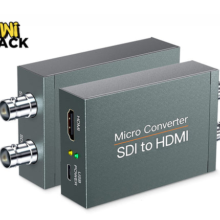 Two dark gray mini HDMI to SDI micro converters shown on a white background, with a Kiwi Shack logo in the top-left corner.