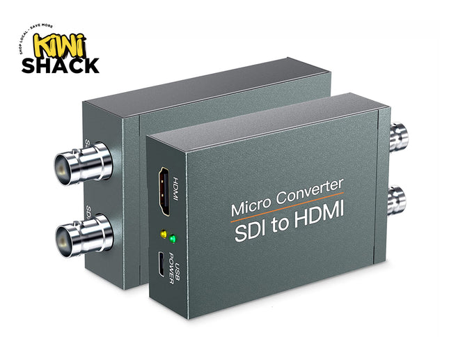 Two dark gray mini HDMI to SDI micro converters shown on a white background, with a Kiwi Shack logo in the top-left corner.