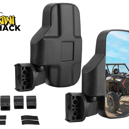 Black vehicle mirror with mounting hardware on a white background, featuring the Kiwi Shack logo.