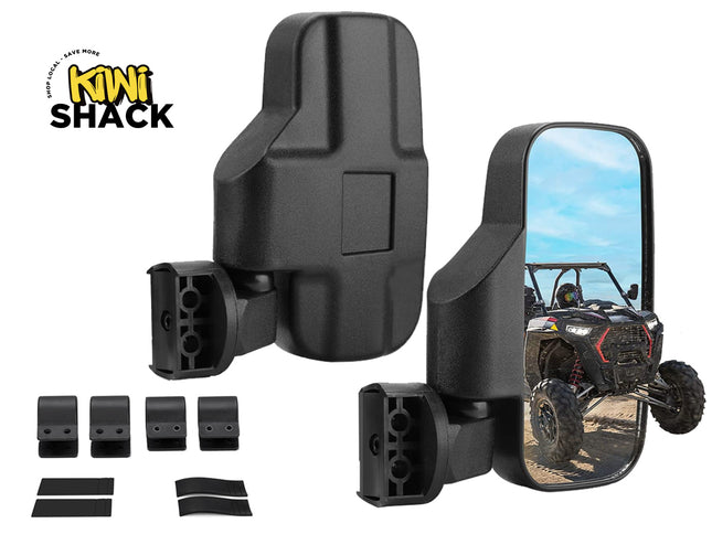 Black vehicle mirror with mounting hardware on a white background, featuring the Kiwi Shack logo.