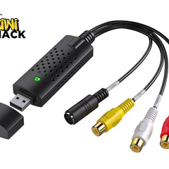 A USB video capture card with a black main body, an uncapped USB connector, an indicator light, and four breakout cables ending in S-Video, yellow CVBS, white audio, and red audio connectors against a white background, featuring the "Kiwi Shack" logo in the upper left corner.