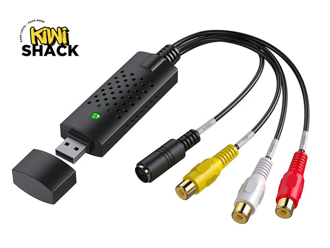 A USB video capture card with a black main body, an uncapped USB connector, an indicator light, and four breakout cables ending in S-Video, yellow CVBS, white audio, and red audio connectors against a white background, featuring the "Kiwi Shack" logo in the upper left corner.