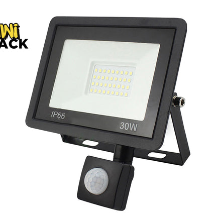 Black LED flood light with sensor on a white background, branded as Kiwi Shack.