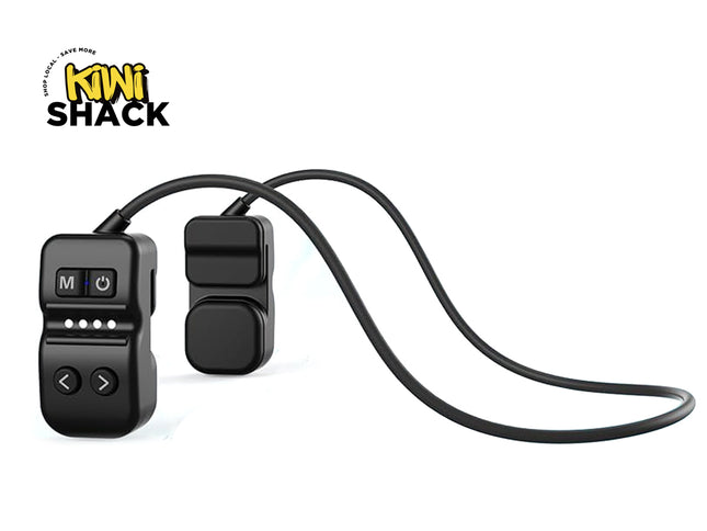 Black electronic device with a cable on a white background, featuring the Kiwi Shack logo.