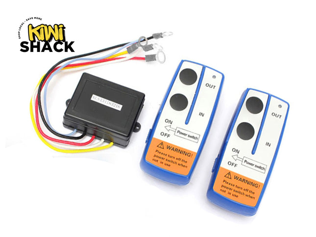 Electrical components with wiring and remote controls on a white background, branded 'Kiwi Shack'.