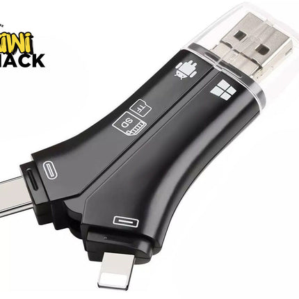 A multi-function black USB card reader and memory adapter featuring standard USB, USB-C, and Lightning connectors, along with SD and TF card slots and compatibility icons against a white background, with the "Kiwi Shack" logo in the upper left corner.