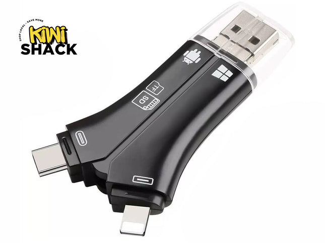 A multi-function black USB card reader and memory adapter featuring standard USB, USB-C, and Lightning connectors, along with SD and TF card slots and compatibility icons against a white background, with the "Kiwi Shack" logo in the upper left corner.