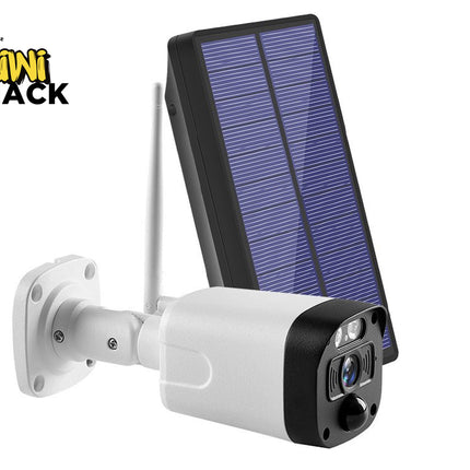 Solar-powered security camera with a visible brand logo on a white background
