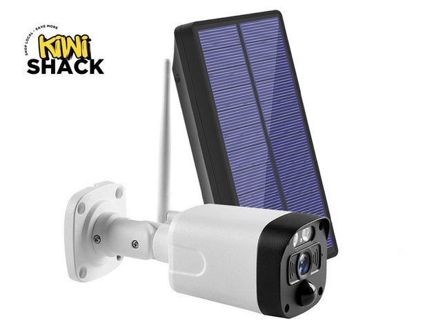 Solar-powered security camera with a visible brand logo on a white background