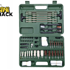 A comprehensive universal gun cleaning kit organized inside a green molded plastic storage case, featuring cleaning rods, brass brushes, cotton mops, utility brushes, patches, and accessories against a white background, featuring the "Kiwi Shack" logo in the upper left corner.
