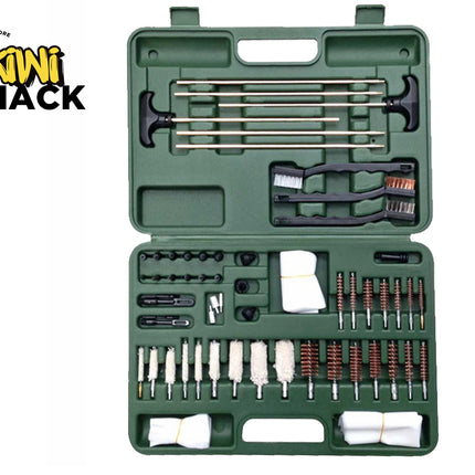 A comprehensive universal gun cleaning kit organized inside a green molded plastic storage case, featuring cleaning rods, brass brushes, cotton mops, utility brushes, patches, and accessories against a white background, featuring the "Kiwi Shack" logo in the upper left corner.