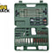 A comprehensive universal gun cleaning kit organized inside a green molded plastic storage case, featuring cleaning rods, brass brushes, cotton mops, utility brushes, patches, and accessories against a white background, featuring the "Kiwi Shack" logo in the upper left corner.