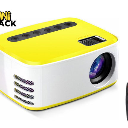 Yellow and white projector with remote control on a white background, featuring the Kiwi Shack brand.