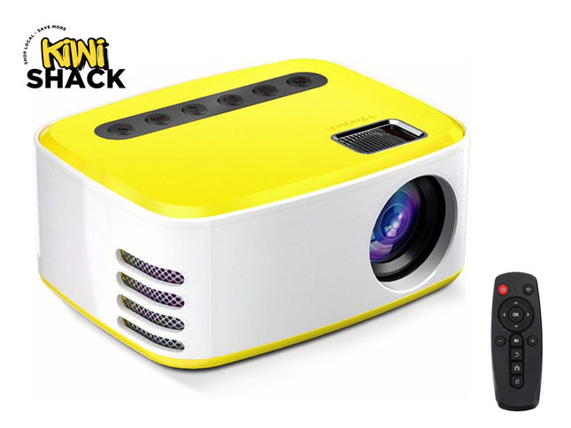 Yellow and white projector with remote control on a white background, featuring the Kiwi Shack brand.