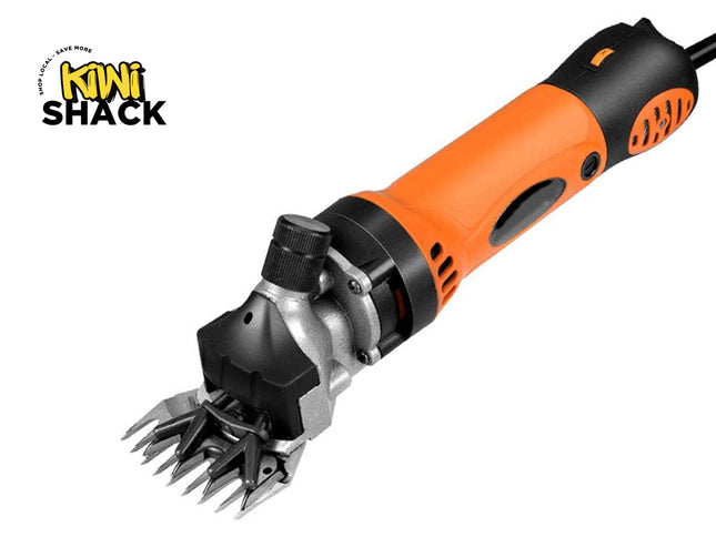 Electric shears with a black and orange handle on a white background, featuring the Kiwi Shack logo.