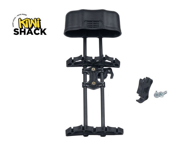 Black archery stand with accessories on a white background, featuring the Kiwi Shack logo.