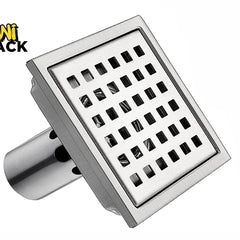 Kiwi Shack brushed nickel stainless steel square shower floor drain with removable grid strainer.