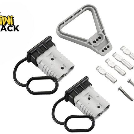 Two white and black handlebar grips with black hanging loops, a gray triangular mounting piece, and several silver metal bolts and washers, arranged on a white background with the Kiwi Shack logo in the top left corner.