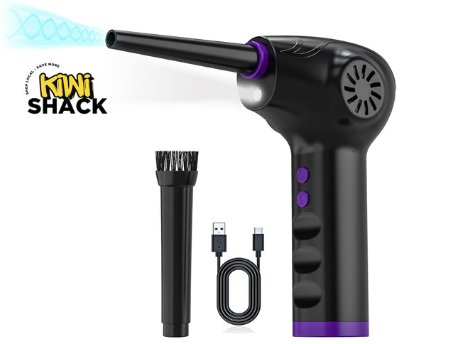 Black handheld device with purple accents and attachments on a white background, featuring the Kiwi Shack logo.