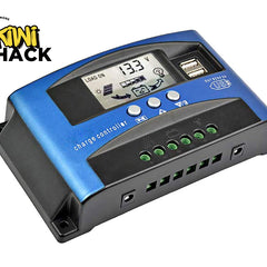Blue charge controller with digital display on a white background, featuring the Kiwi Shack logo.