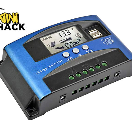 Blue charge controller with digital display on a white background, featuring the Kiwi Shack logo.