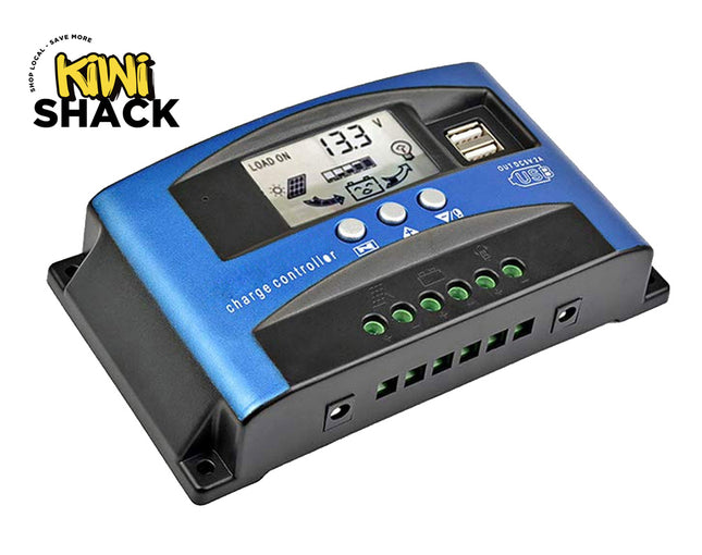 Blue charge controller with digital display on a white background, featuring the Kiwi Shack logo.