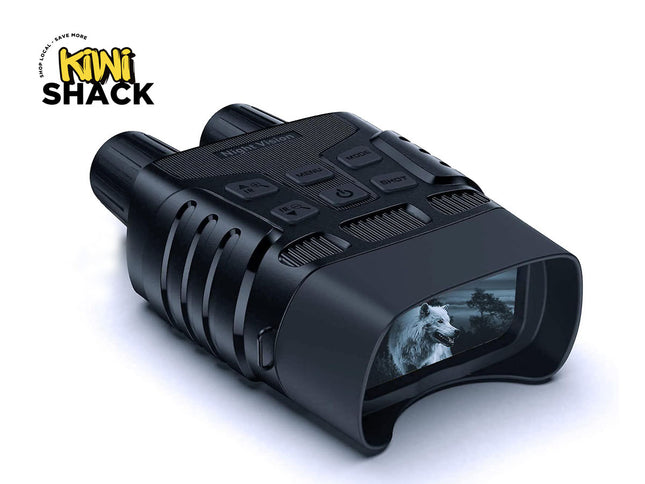 Black electronic device with a screen displaying a wolf, branded 'Kiwi Shack'.