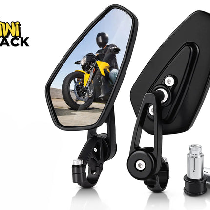 Kiwi Shack universal motorcycle handlebar rearview mirrors with adjustable black aluminum stems and mounting hardware."