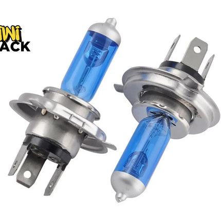 Two blue-tinted halogen automotive headlight bulbs with metal mounting bases and electrical terminal pins, branded with the "Kiwi Shack" logo in the top-left corner.