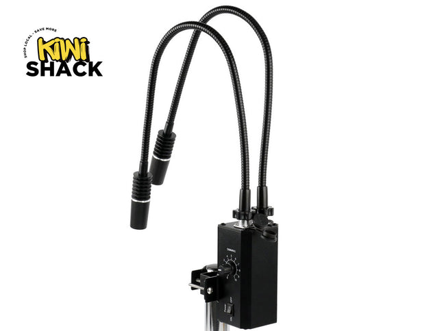 Black electronic device with dual flexible hoses on a white background, featuring the Kiwi Shack logo.