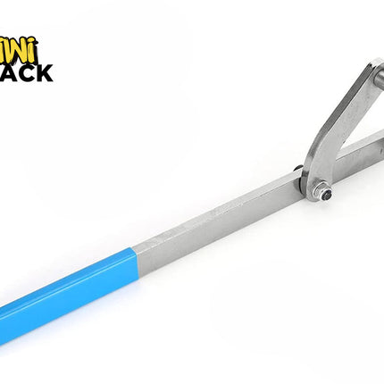 An adjustable pin spanner wrench with a metal handle, dual protruding pins, and a bright blue dipped rubber grip, featuring a "Kiwi Shack" logo in the top left corner.