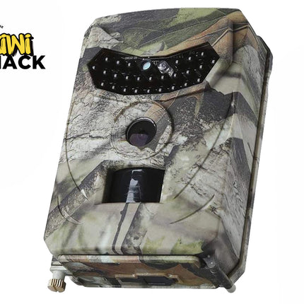 Camouflage-patterned hunting camera with 'Kiwi Shack' branding on a white background