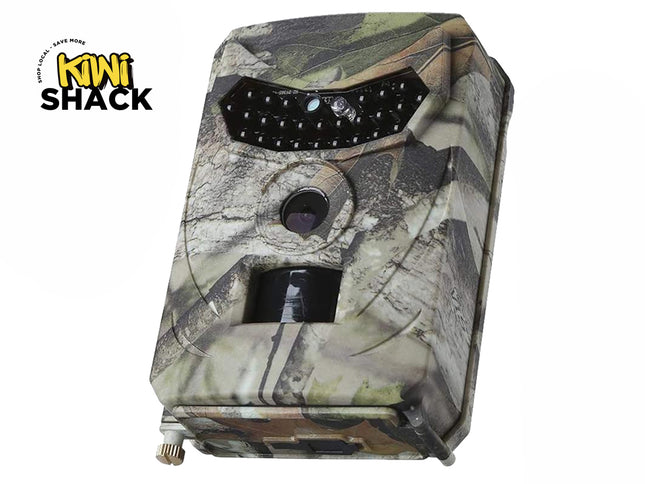 Camouflage-patterned hunting camera with 'Kiwi Shack' branding on a white background