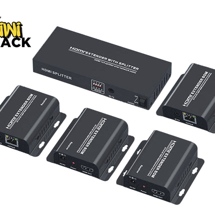 Set of HDMI extenders and splitters with Kiwi Shack logo on a white background