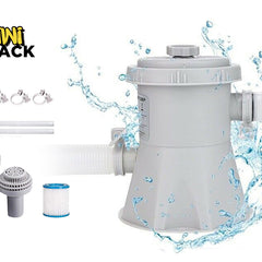 A gray cartridge filter pool pump system surrounded by dynamic water splashes, accompanied by hoses, replacement filter cartridges, strainers, and hose clamps against a white background. A "Kiwi Shack" logo appears in the top-left corner.