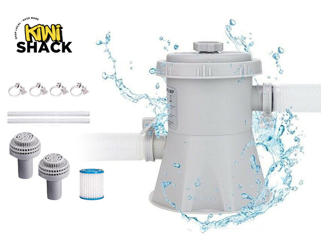 A gray cartridge filter pool pump system surrounded by dynamic water splashes, accompanied by hoses, replacement filter cartridges, strainers, and hose clamps against a white background. A "Kiwi Shack" logo appears in the top-left corner.