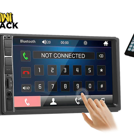 A Kiwi Shack car stereo head unit with a touchscreen display showing a call interface, alongside a separate black remote control and a hand touching the screen. The Kiwi Shack logo is visible in the top left corner.