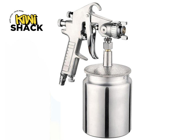 Metal spray gun with a cylindrical container on a white background, branded 'Kiwi Shack'.
