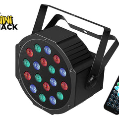 Black LED light fixture with colorful lights and a remote control on a white background, branded 'Kiwi Shack'.