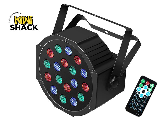 Black LED light fixture with colorful lights and a remote control on a white background, branded 'Kiwi Shack'.
