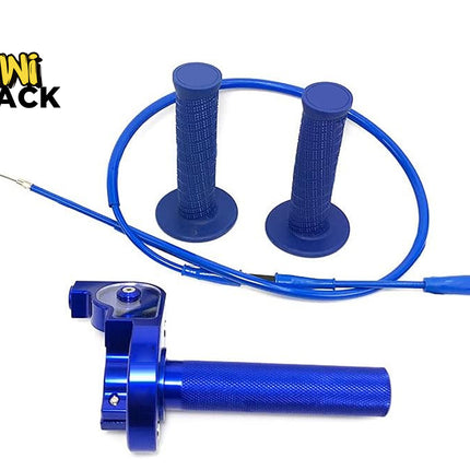 Blue motorcycle handlebar grips with throttle cable on a white background, branded 'Kiwi Shack'.