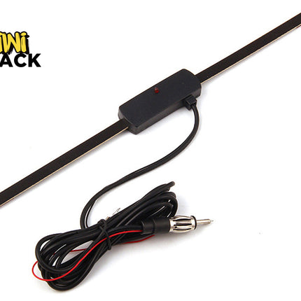 A thin adhesive strip windshield antenna with a central module, coiled cable, and antenna plug, featuring the "Kiwi Shack" logo in the corner.