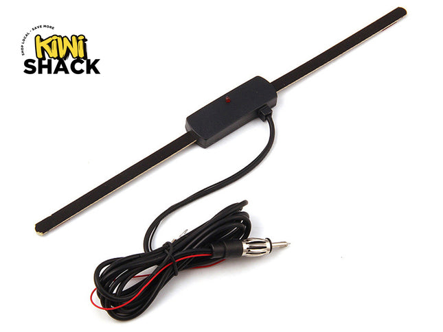 A thin adhesive strip windshield antenna with a central module, coiled cable, and antenna plug, featuring the "Kiwi Shack" logo in the corner.