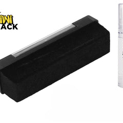 A black velvet vinyl record cleaning brush alongside a small clear spray bottle labeled "Record Cleaner for vinyl records," with a "Kiwi Shack" logo in the top left corner.