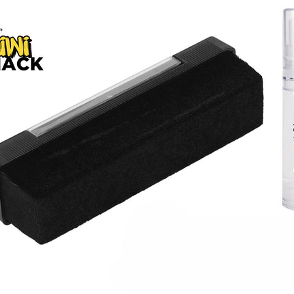 A black velvet vinyl record cleaning brush alongside a small clear spray bottle labeled "Record Cleaner for vinyl records," with a "Kiwi Shack" logo in the top left corner.